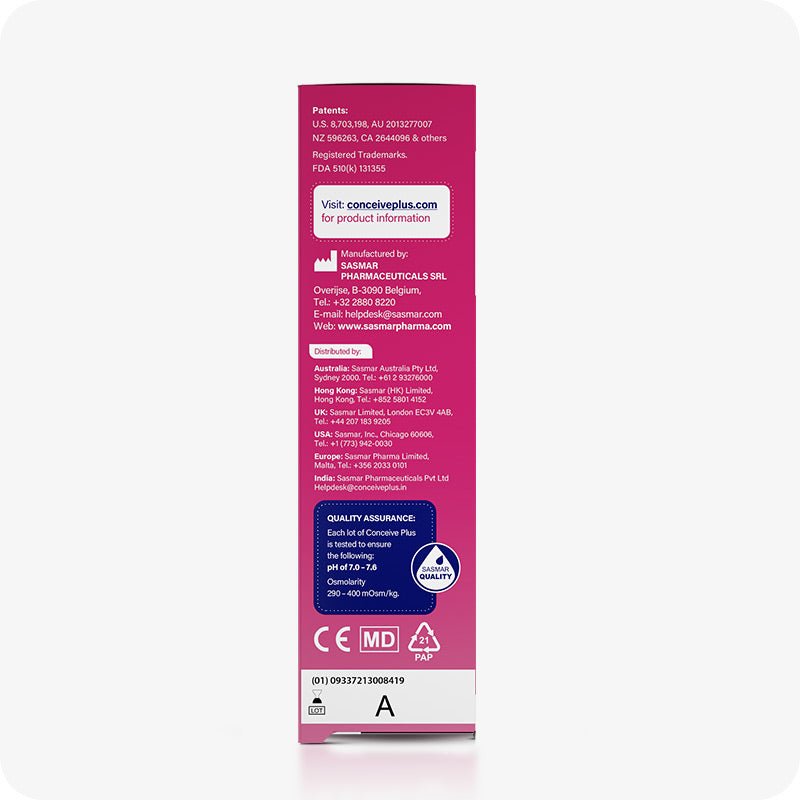 The backside image of the box of Conceive Plus Fertility Lubricant 30ml on a white background. The back side contains information about Patents, website address, manufacturing company detail, and distribution details. The box also contains a small blue box at the bottom with quality assurance information. The box of the Conceive Plus Fertility Lubricant 30ml is placed in the center of the frame.