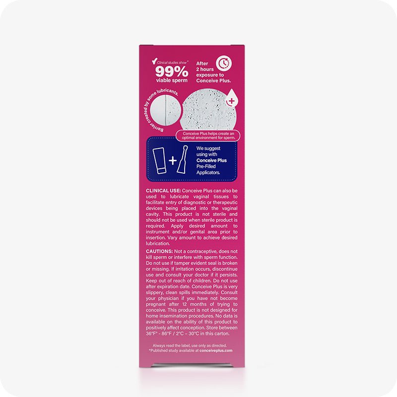 The side image of the box of Conceive Plus Fertility Lubricant 30ml Tube on a white background. The box contains information about clinical studies showing 99% sperm viability after two hours of the usage of the Conceive Plus Fertility Lubricant. It also contain information about Clinical Use and Cautions. There is a blue box in the upper middle of the tube box with suggestions to use it with pre-filled applicators. The box of the tube is placed within the center of the frame.