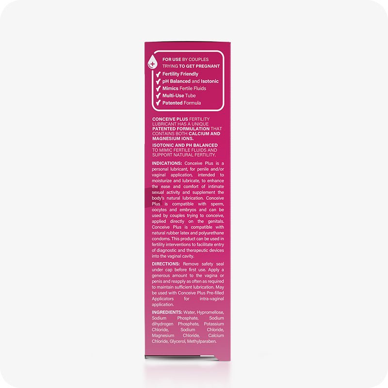 The side view image of the box of Conceive Plus Fertility Lubricant 30ml Tube on a white background. The side of the box contains information about the qualities of the lubricant which makes it good to use for couples trying to conceive. Information about indications, directions of use and ingredients is also written on the box. The box is placed at the center of the frame.