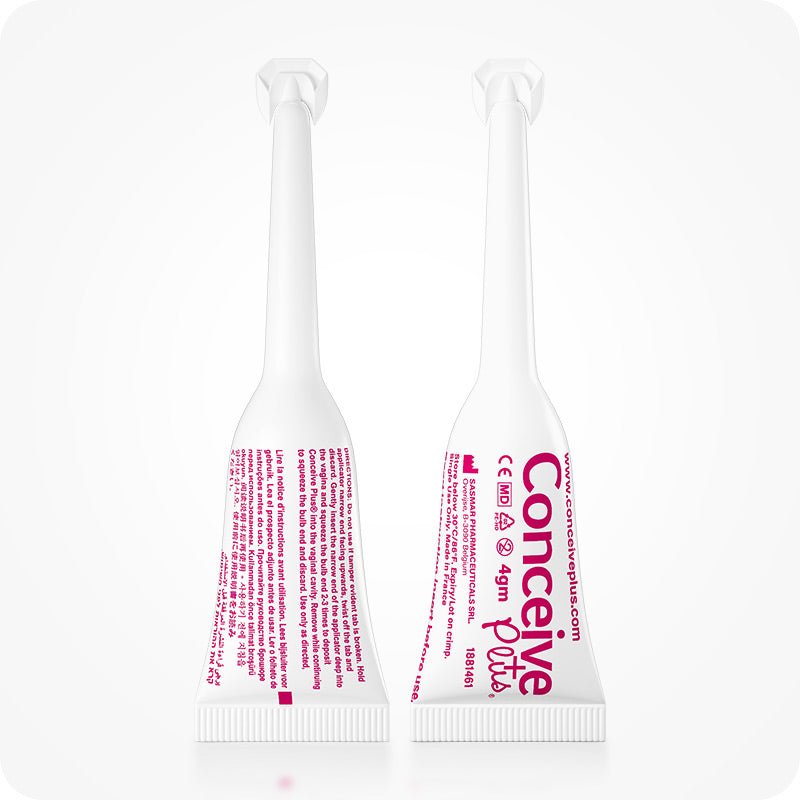 For Max Fertility Lubricant Bundle the image of two Conceive Plus Fertility Lubricant 8x4g Pre-Filled Applicators with front and back views on a white background. The prefilled applicators are placed side by side and one is showing front of the tube while the other one showing back of the tube.