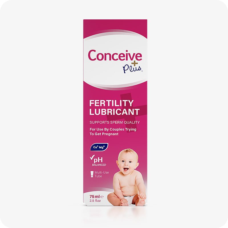 For Max Fertility Lubricant Bundle the image of the front side view of the box of Conceive Plus Fertility Lubricant 75ml on a white background. The box is dark pink color with a smiling baby printed on the lower right corner of the box.