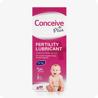 For Max Fertility Lubricant Bundle the front view image of the box of Conceive Plus Fertility Lubricant 8x4g Pre-filled Applicators on a white background. The front side of the box showing branding, sale slogans, other information about the product and a smiling baby print of the lower right side of the box.
