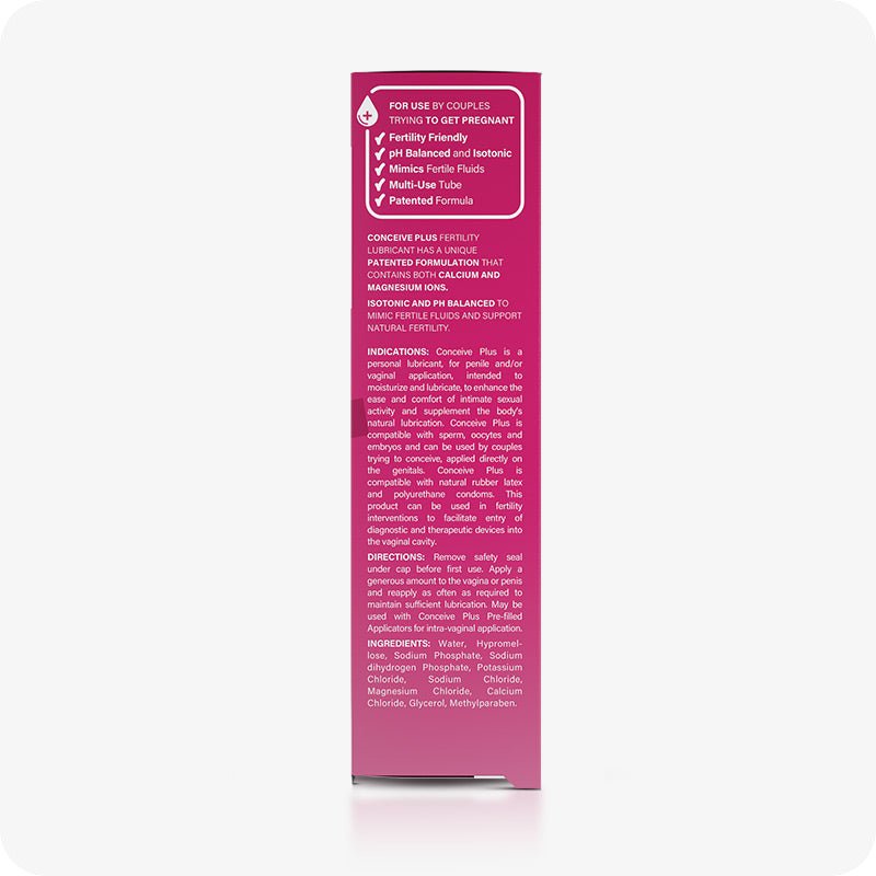 For Max Fertility Lubricant Bundle the side view image of the box of Conceive Plus Fertility Lubricant 75ml  on a white background with information about the use, manufacturing, indications, directions, and ingredients. The text is written in white color on the dark pink box
