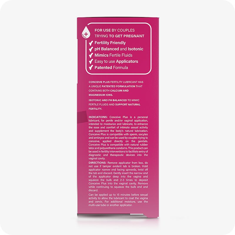 For Max Fertility Lubricant Bundle the side view image of the box of Conceive Plus Fertility Lubricant 8x4g Pre-filled Lubricant on a white background. The side of the box contains information about qualities of the lubricant and why it is best for couples trying to conceive. It also contains information about indications to use and directions of usage.