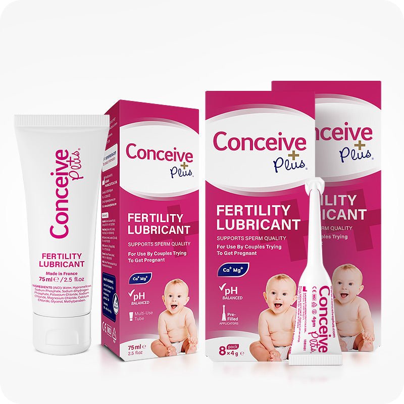 The image of Conceive Plus Max Fertility Lubricant Bundle on a white background. Conceive Plus Fertility Lubricant tube and box on the left side of the frame and Conceive Plus Fertility Lubricant Applicators and two boxes of 8 applicator each on the right side of the frame