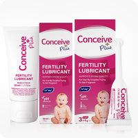 The image of Conceive Plus Try Me Size - Fertility Lubricant Bundle on a white background. Image of Conceive Plus Fertility Lubricant 30ml tube and box on the left side of the frame while image of Fertility Lubricant Applicator and box on the right side of the frame. Both of the lubricants are placed side by side