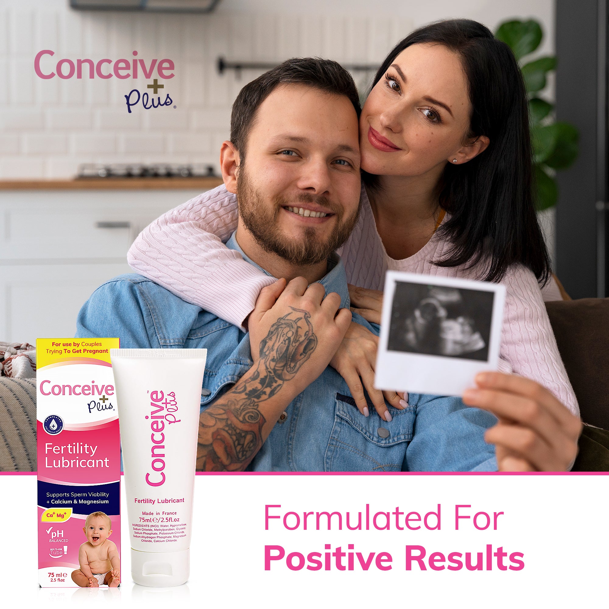 IVF couple holding ultrasound photo using Conceive Plus fertility lubricant success story