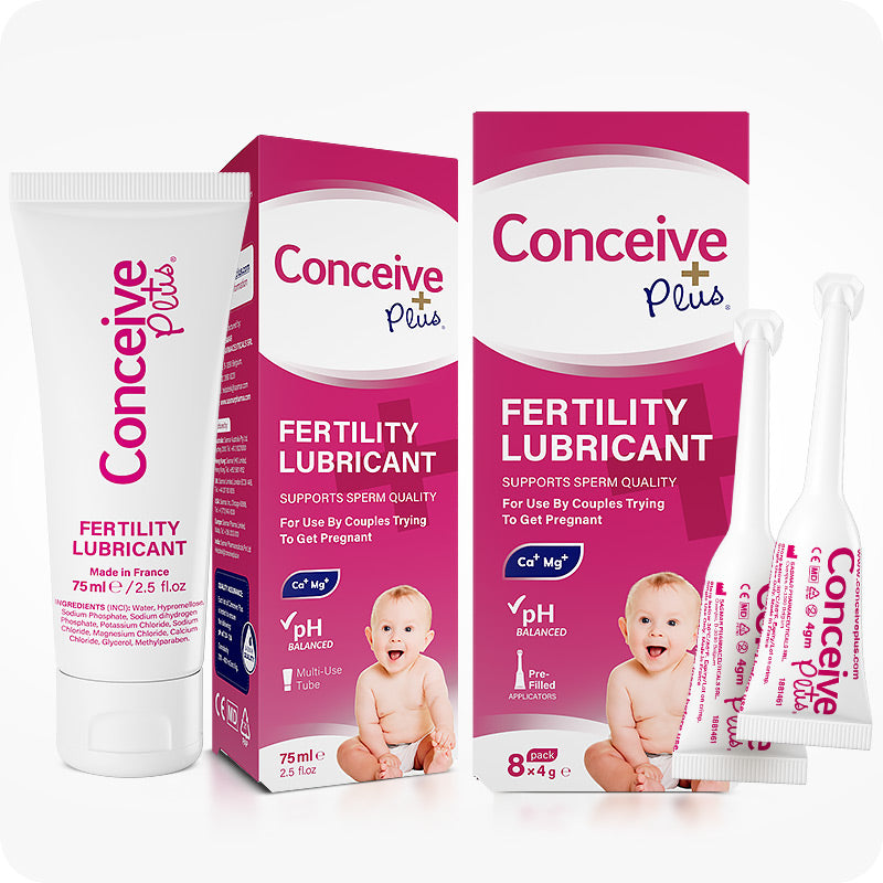 The image of Conceive Plus Fertility Lubricant Duo Bundle on a white background. Conceive Plus Lubricant 75ml tube and its box are on the left side of the frame while Conceive Plus  Fertility Lubricant Applicator and its box on the right side of the frame.