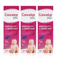 The image of three boxes of Conceive Plus Fertility Lubricant 30ml Tube on a white background. The boxes are placed side by side and have their front sides facing the the camera and the boxes are placed in the center of the frame.