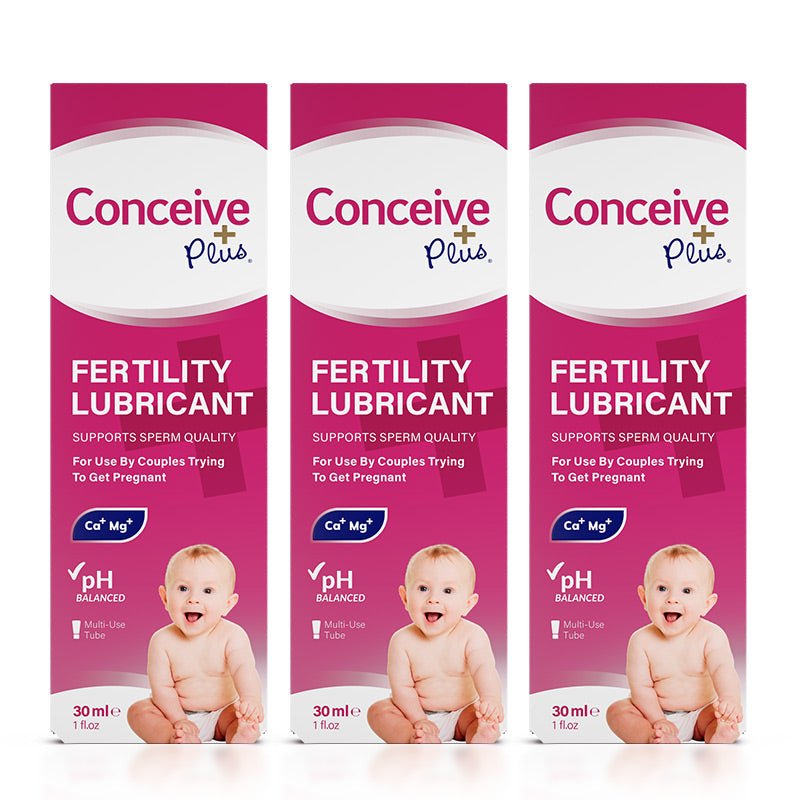 The image of three boxes of Conceive Plus Fertility Lubricant 30ml Tube on a white background. The boxes are placed side by side and have their front sides facing the the camera and the boxes are placed in the center of the frame.