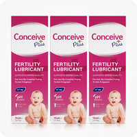 For Fertility Lubricant Duo Bundle the front view image of three boxes of Conceive Plus Fertility Lubricant 75ml on a white background. The boxes are placed side by side.