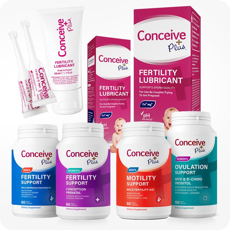 The image of Conceive Plus Maximum Fertility Bundle on a white background. There are total six products in the frame. On the lower half of the frame from left to right there is Conceive Plus Men's Fertility Support, Women's Fertility Support, Motility Support, and Ovulation Support bottle at last. On the upper half from left to right there is Conceive Plus Fertility Lubricant applicator, fertility lubricant tube, and on the right side there are boxes of both.