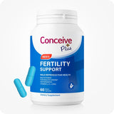 The image of the front side of a Conceive Plus Men Fertility Support bottle or pack on a white background. There are also two capsules on the lower left corner of the bottle