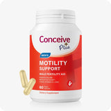 For Motility Sperm Booster Bundle the image of the front side of the bottle of Conceive Plus Motility Support on a white background. There are also two capsules on the lower left corner of the image of the bottle