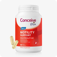 For Motility Sperm Booster Bundle the image of the front side of the bottle of Conceive Plus Motility Support on a white background. There are also two capsules on the lower left corner of the image of the bottle