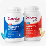 The image of Conceive Plus Motility Sperm Booster Bundle on a white background. The bundle include Conceive Plus Men Fertility Support and Conceive Plus Motility Support and the frame include both of these bottles. Conceive Plus Motility Support bottle on the right side with two capsules out of the bottle on the lower right corner of the bottle and Conceive Plus Men Fertility Support bottle on the left side of the frame with two capsules out of the bottle on the lower left corner of the bottle.