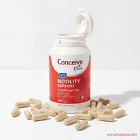 Bottle of Conceive Plus Men's Motility Support with capsules on a white background