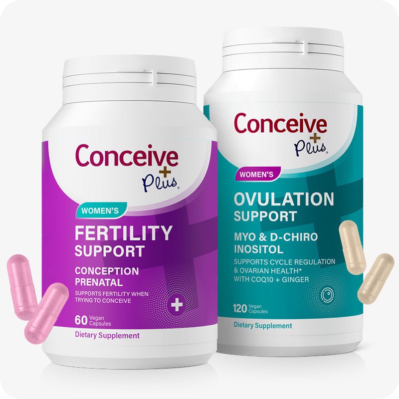 Conceive Plus Ovulation Bundle, Fertility + Inositol Supplements featuring two bottles side by side on a white background. The Women’s Fertility Support bottle is on the left with two pink capsules below, and the Ovulation Support bottle is on the right with two yellow capsules at the base, offering targeted reproductive health support for women.