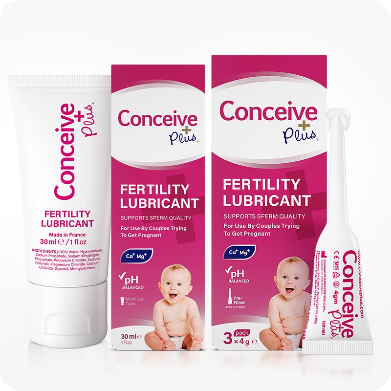The image of Conceive Plus Try Me Size - Fertility Lubricant Bundle on a white background. Image of Conceive Plus Fertility Lubricant 30ml tube and box on the left side of the frame while image of Fertility Lubricant Applicator and box on the right side of the frame. Both of the lubricants are placed side by side
