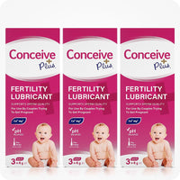 The image of three boxes of Conceive Plus Fertility Lubricant 3x4g Pre-filled Applicators placed side by side on a white background. The front sides of the boxes are facing the camera and are arranged in the middle of the frame.